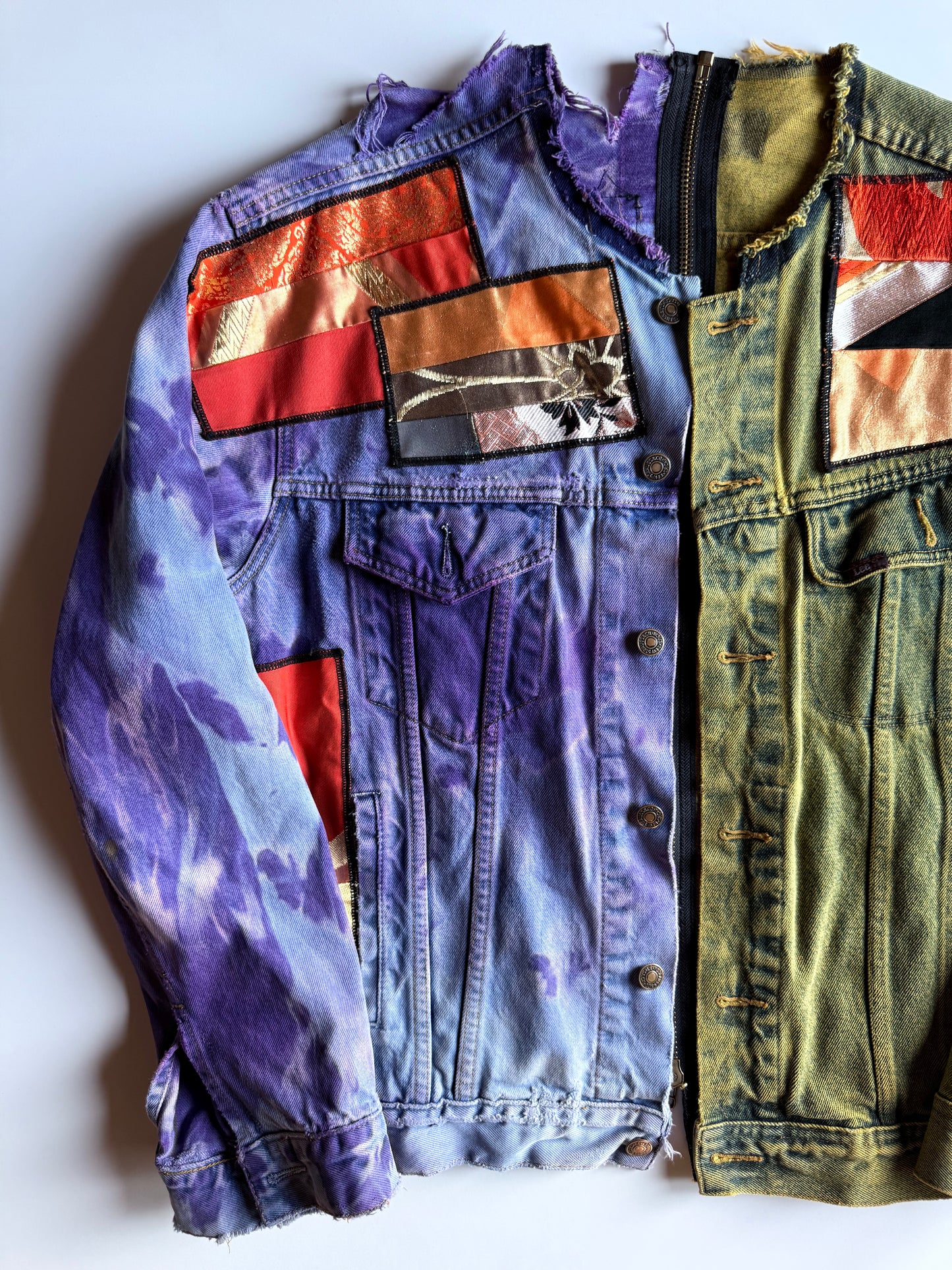 COTÉ MER Kimono Obi Patchwork Denim Remake Jacket L XL Japanese One of One Harajuku Streetwear Wearable Art