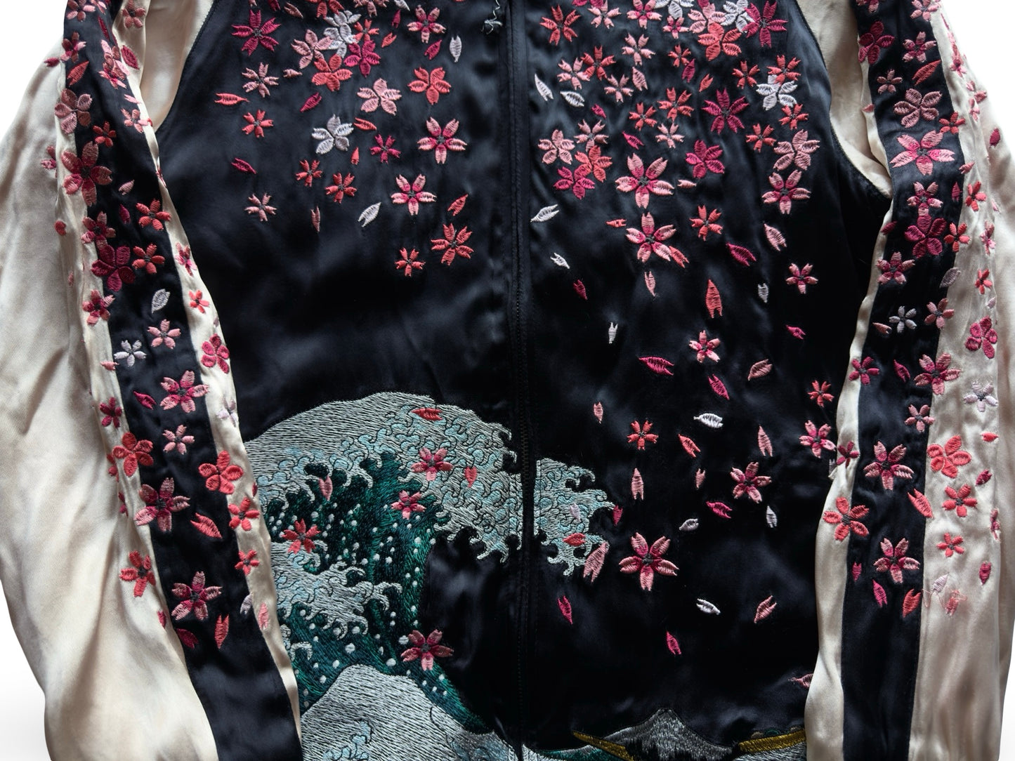 Miyabi Musubi Reversible Sukajan – Rising Koi & Hokusai Great Wave, Sakura Storm Embroidery, Japonisme Japanese Souvenir Jacket