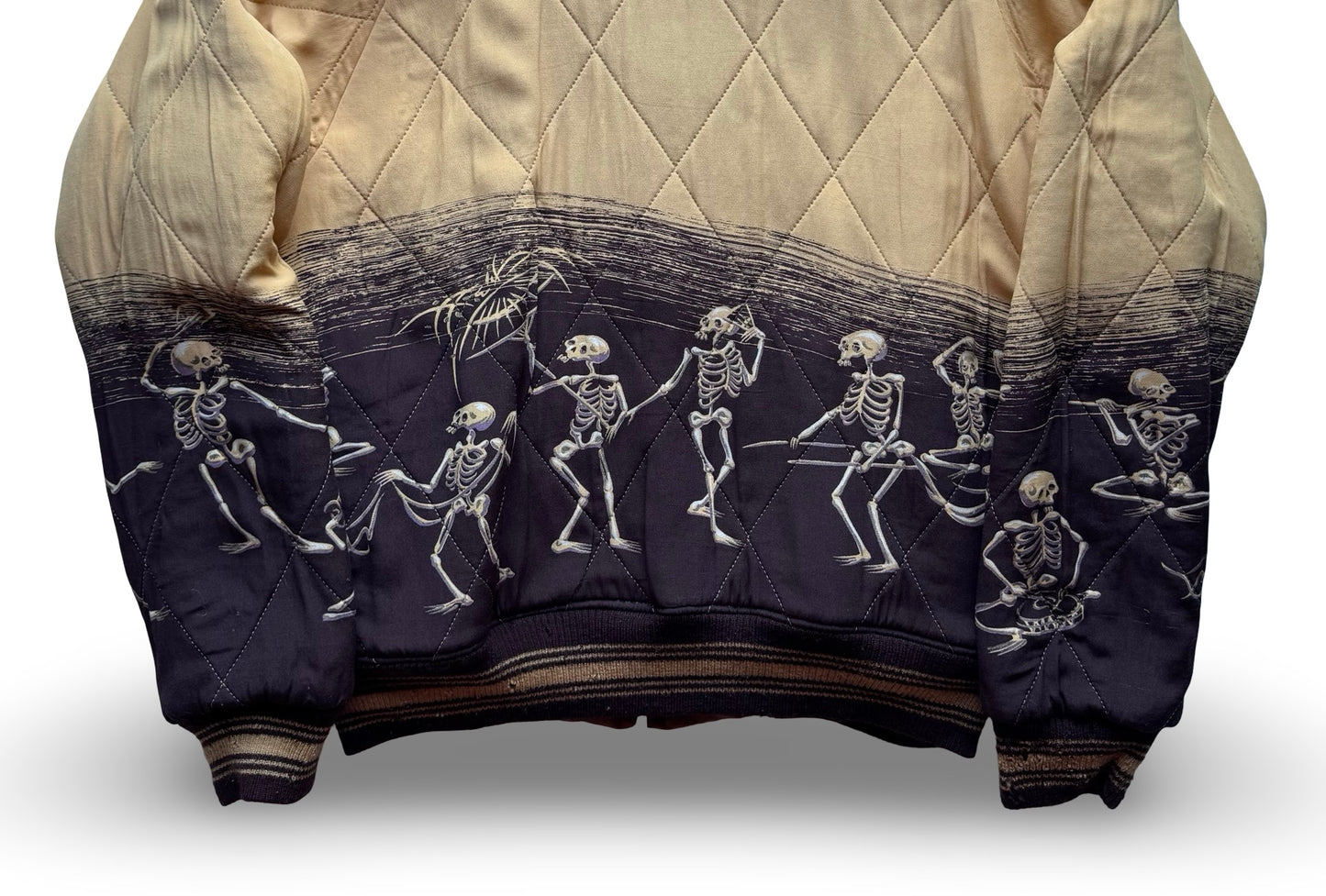 Vintage Pherrow’s Reversible Sukajan Jacket – Dragon & Warrior Embroidery / Skeleton Parade Art – Brown Gold × Beige Black (Japan Amekaji)