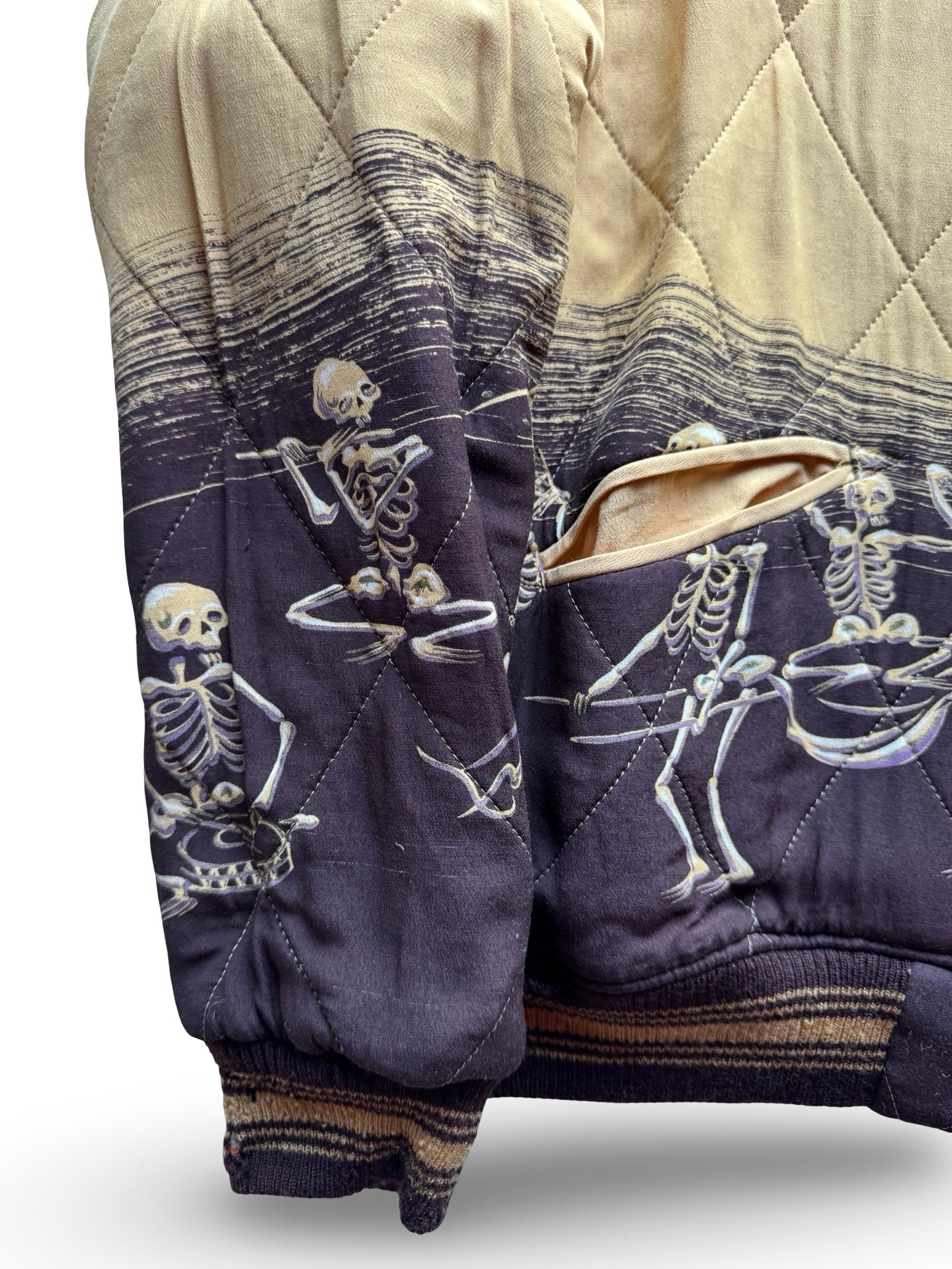 Vintage Pherrow’s Reversible Sukajan Dragon Warrior Skeleton Dance Japan Souvenir Jacket, Gold Brown Embroidered Bomber