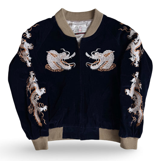 Vintage Velvet Sukajan Jacket – White Dragon Embroidery Tokyo Japan | Hand-Stitched Wagara Dragon Bomber | Rare Japanese Collectible