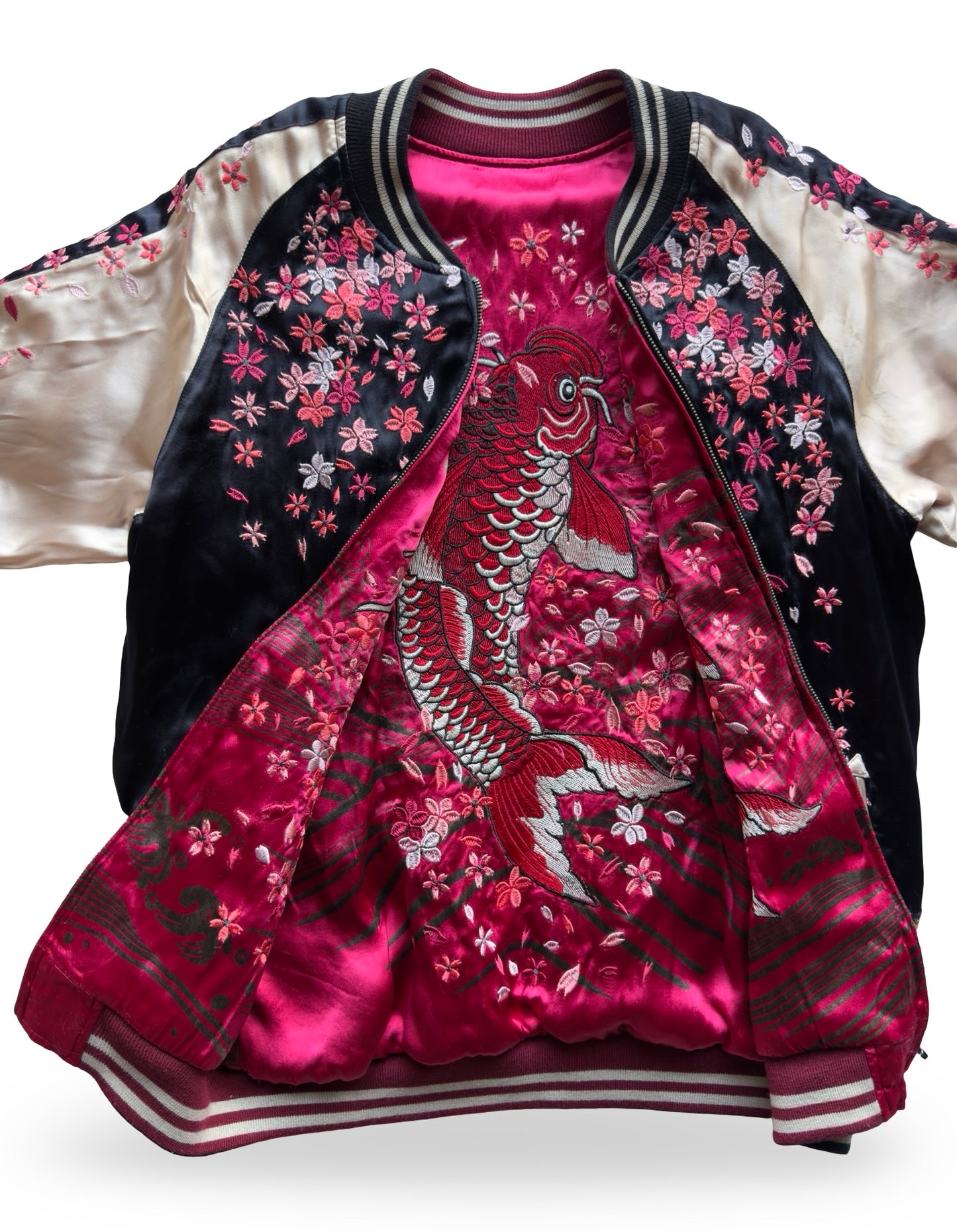 Miyabi Musubi Reversible Sukajan – Rising Koi & Hokusai Great Wave, Sakura Storm Embroidery, Japonisme Japanese Souvenir Jacket