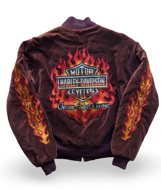 Vintage Harley-Davidson “Chrome Sweet Chrome” Flame-Velour Bomber Jacket (One Side Only)