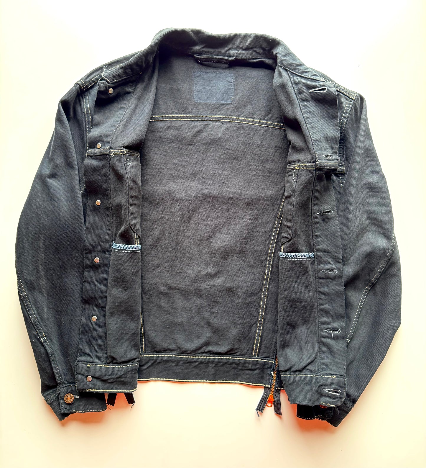Vintage Levi's Black Denim Jacket with Indigo Seigaiha Silk Panel | Japanese Kimono Remake | One of a Kind Wearable Art | M-L