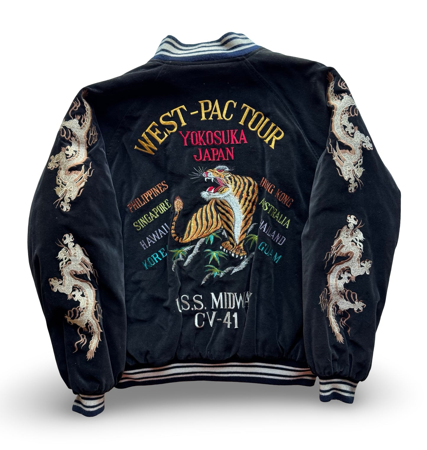 Vintage West-Pac Tour Sukajan Jacket – USS Midway CV-41 Tiger & Dragon Embroidery – Yokosuka Souvenir Sukajan (Velveteen)