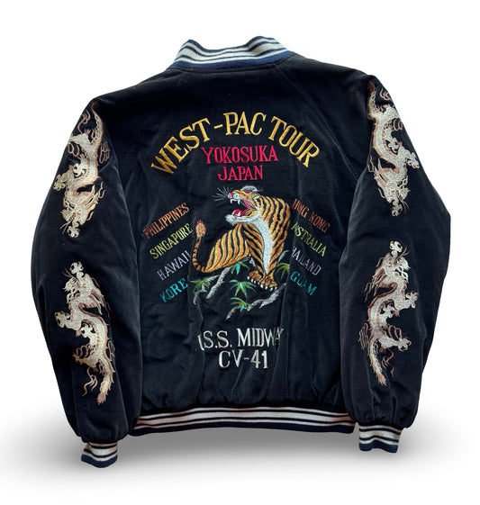 Vintage West-Pac Tour Sukajan Jacket – USS Midway CV-41 Tiger & Dragon Embroidery – Yokosuka Souvenir Sukajan (Velveteen)