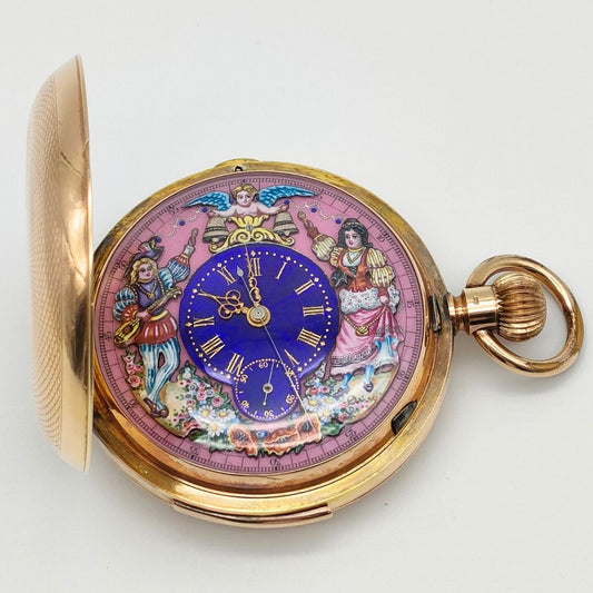 1864 14K Gold Antique Minute Repeater Pocket Watch – Automaton Enamel Dial – Mechanical Chime – Manual Wind – Rare Collector Piece