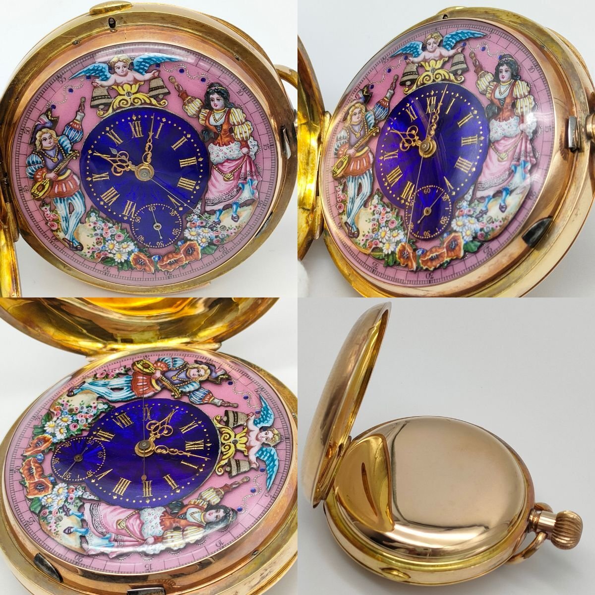 1864 14K Gold Antique Minute Repeater Pocket Watch – Automaton Enamel Dial – Mechanical Chime – Manual Wind – Rare Collector Piece