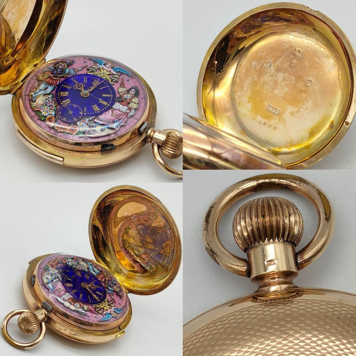 1864 14K Gold Antique Minute Repeater Pocket Watch – Automaton Enamel Dial – Mechanical Chime – Manual Wind – Rare Collector Piece