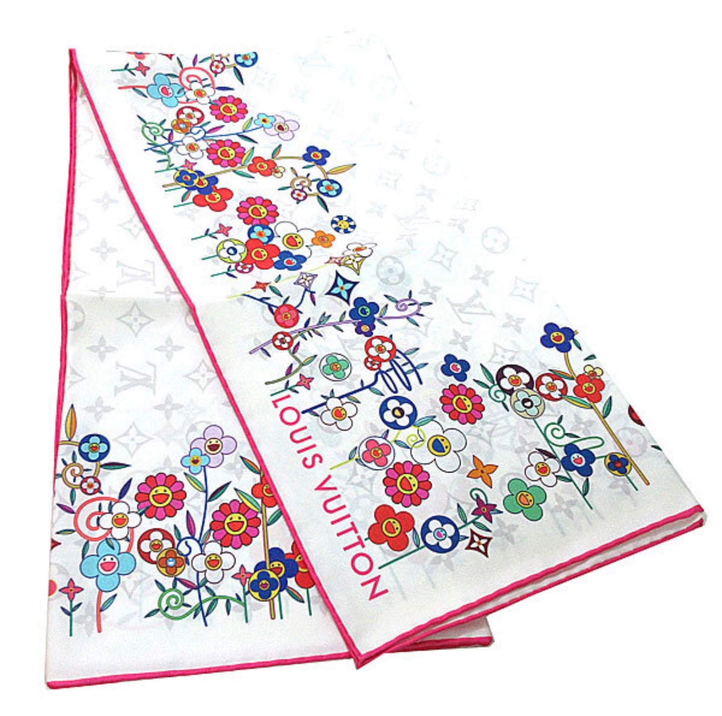 Louis Vuitton × Takashi Murakami Carré 90 Silk Scarf M96263 Superflat Framboise Multicolor Flower LV Monogram Art Collectible