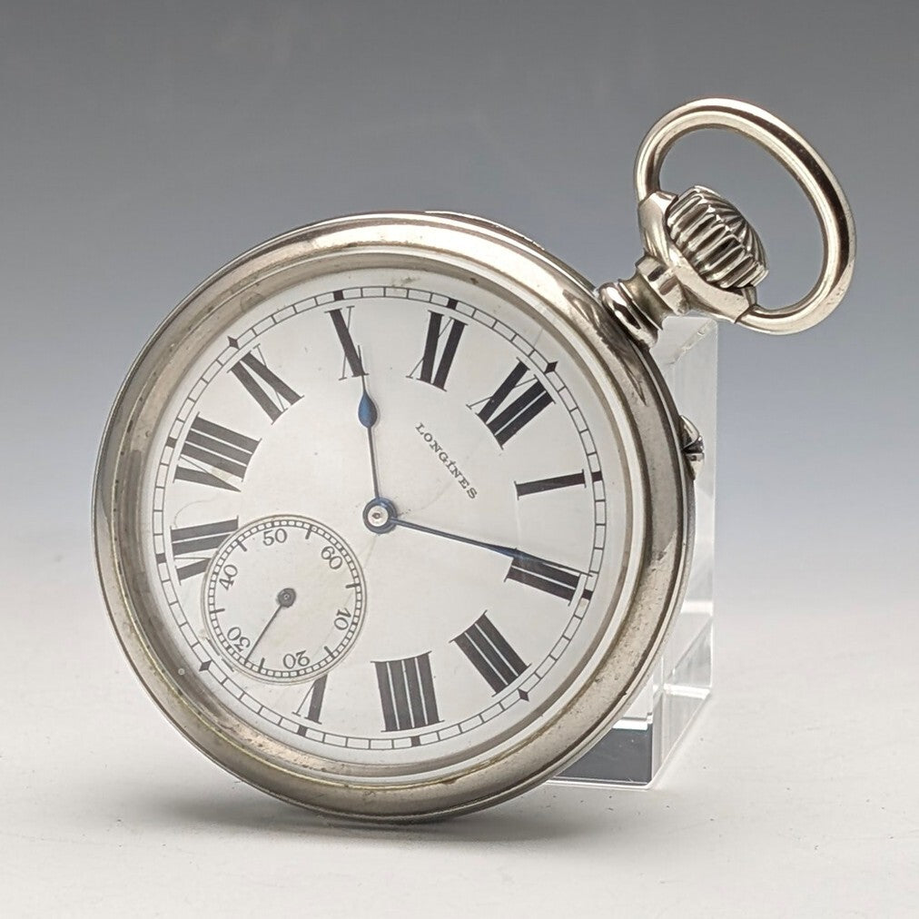 1908 Longines Antique Railroad Pocket Watch 55mm – Nickel Alloy Silver-Plated Case, Roman Dial, Open-Face Vintage Timepiece