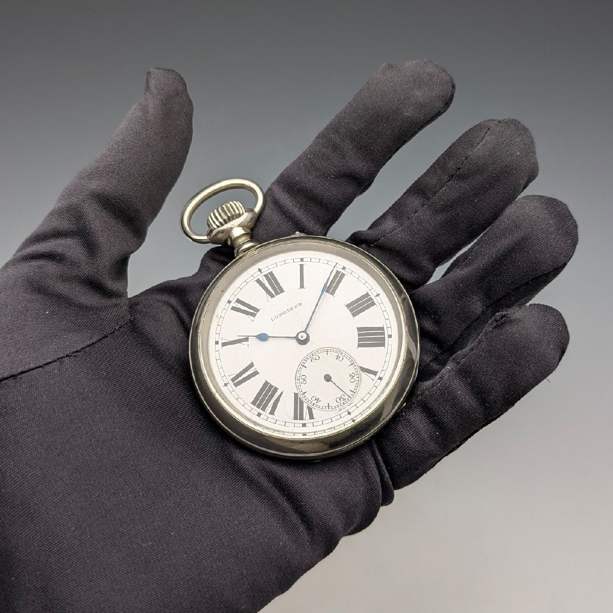 1908 Longines Antique Railroad Pocket Watch 55mm – Nickel Alloy Silver-Plated Case, Roman Dial, Open-Face Vintage Timepiece