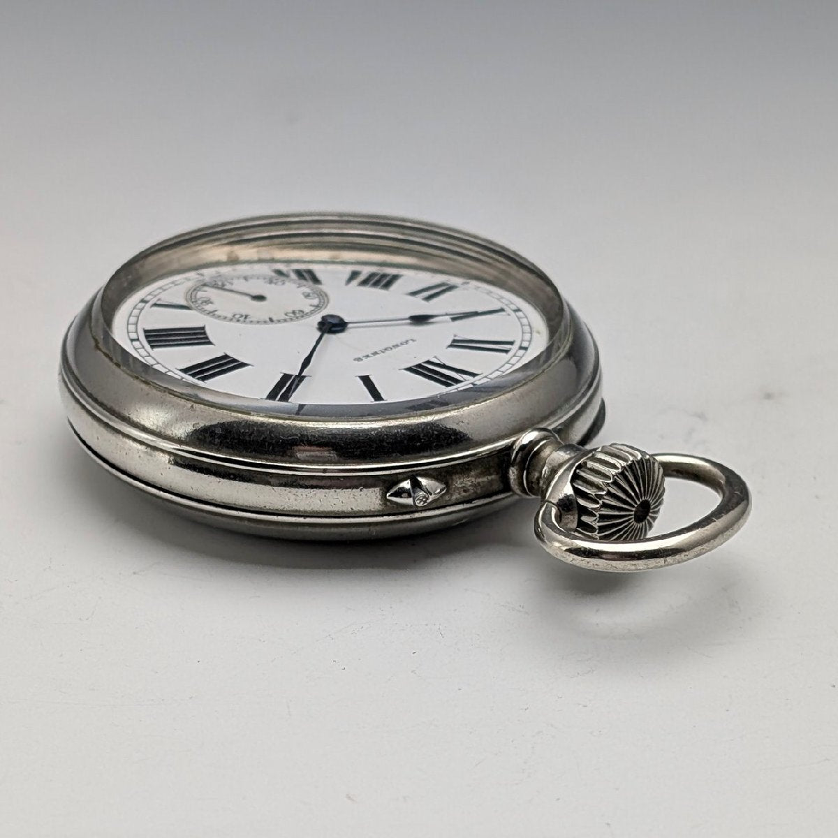 1908 Longines Antique Railroad Pocket Watch 55mm – Nickel Alloy Silver-Plated Case, Roman Dial, Open-Face Vintage Timepiece