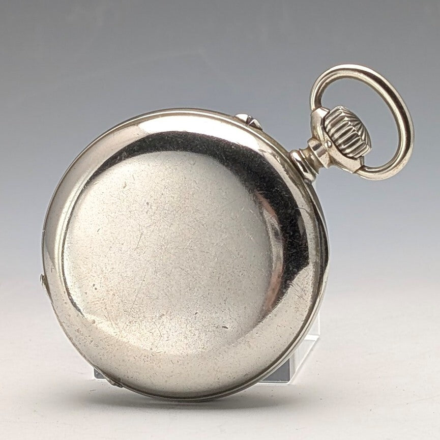 1908 Longines Antique Railroad Pocket Watch 55mm – Nickel Alloy Silver-Plated Case, Roman Dial, Open-Face Vintage Timepiece