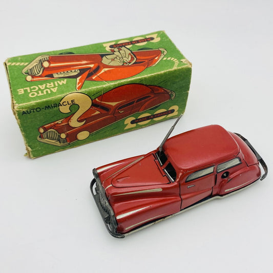 1940s French Auto Miracle Tin Car with Multi-Action Mechanical Gimmicks Doors Bonnet with Box