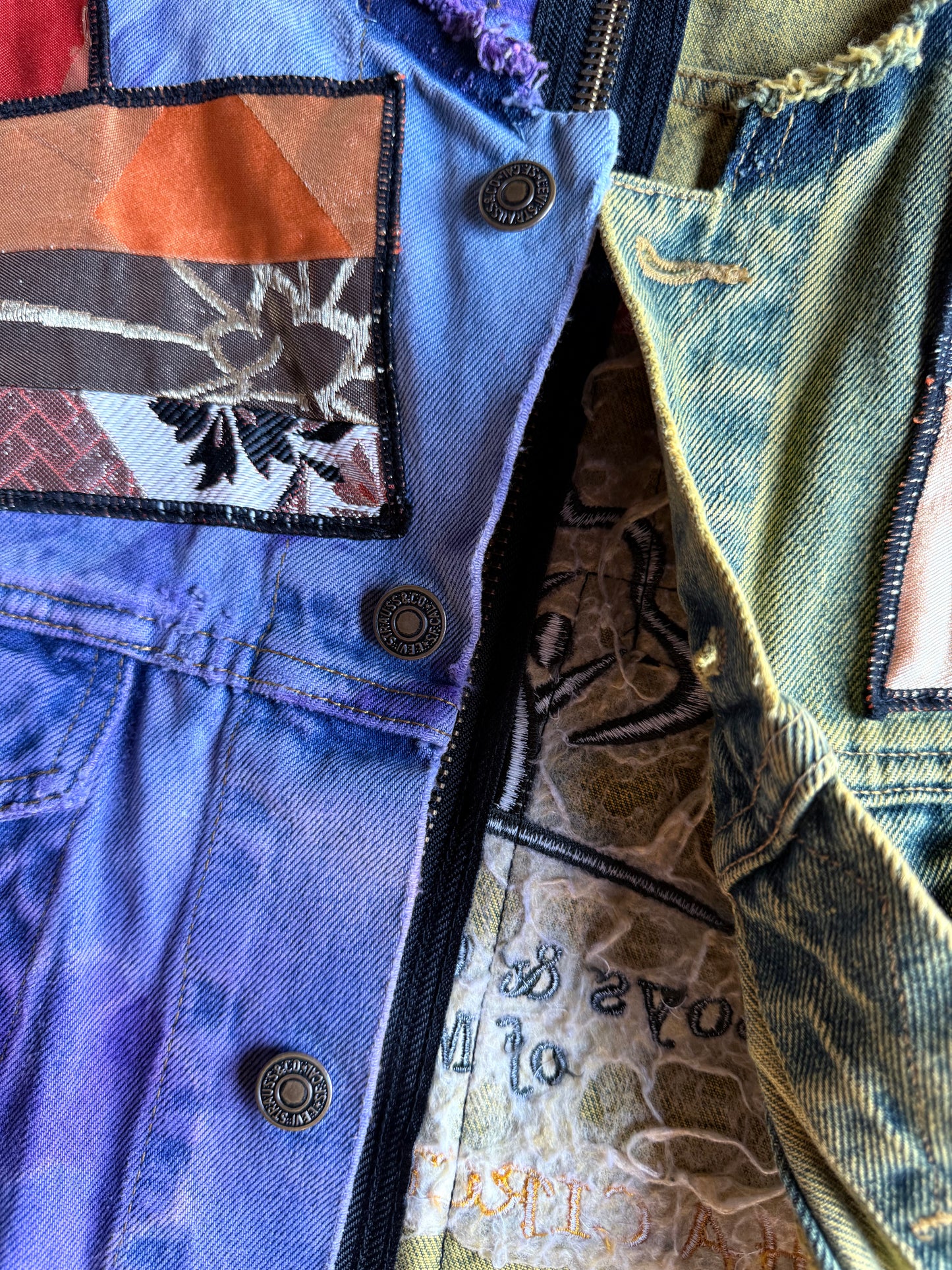 COTÉ MER Kimono Obi Patchwork Denim Remake Jacket L XL Japanese One of One Harajuku Streetwear Wearable Art