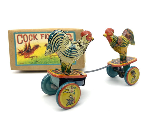 1950s Japanese Tin Cock Fighting Mechanical Toy with Original Box
