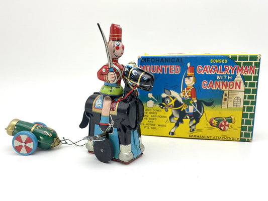 Vintage 1960s TPS Disney Japanese Tin Mounted Cavalryman with Cannon Mechanical Toy Boxed