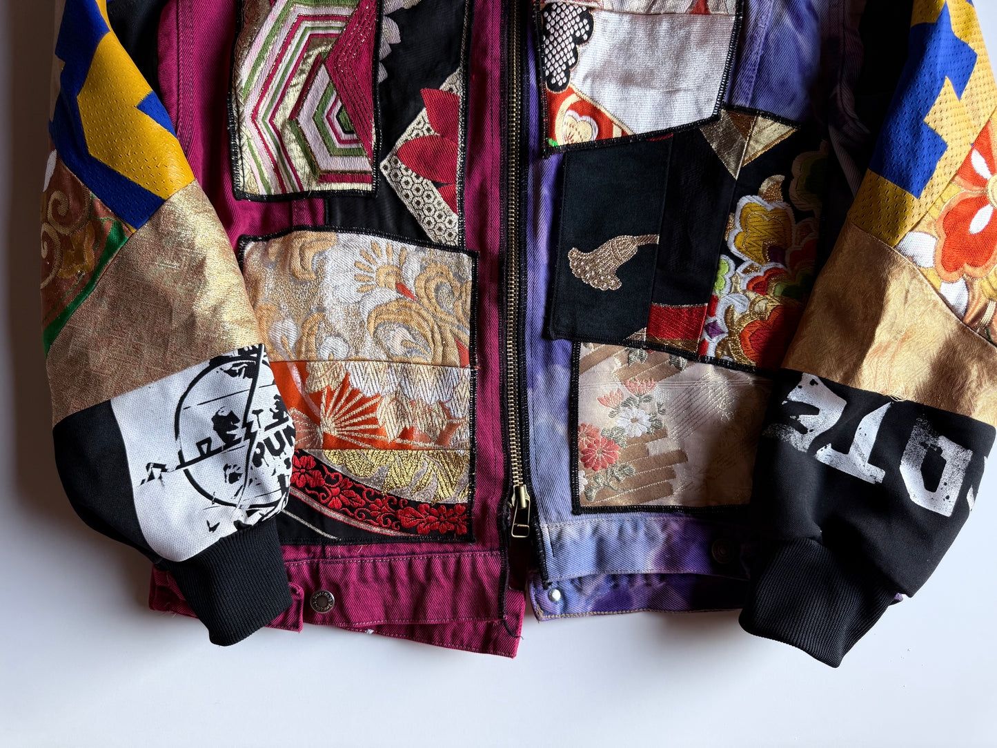 COTÉ MER Kimono Obi Patchwork Denim Remake Upcycled Jacket L XL Japanese One of One Harajuku Streetwear Wearable Art