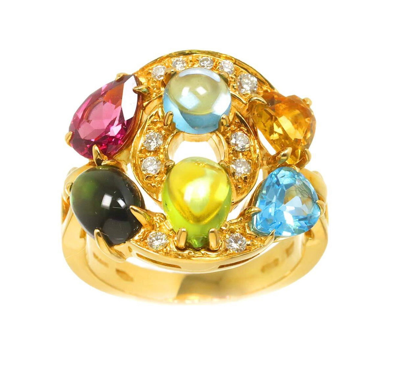 BVLGARI Astrale Shield Design Ring K18YG Multicolor Gemstones & Diamonds – Size JP10 (US5.25)