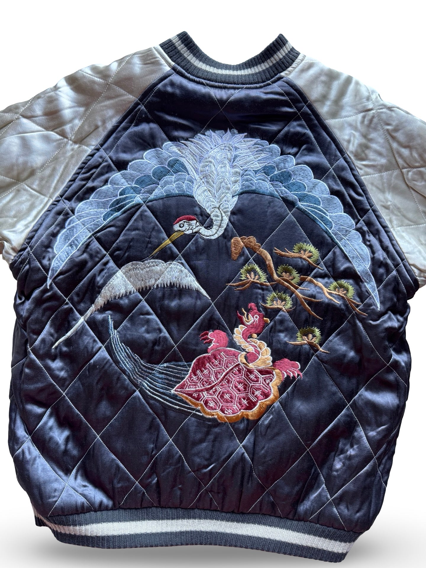 Vintage Reversible Sukajan Crane Turtle Butterfly Jacket, Japanese Satin Souvenir Bomber with Chrysanthemum Embroidery