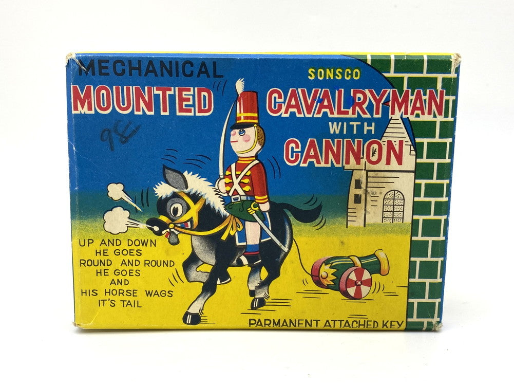 Vintage 1960s TPS Disney Japanese Tin Mounted Cavalryman with Cannon Mechanical Toy Boxed