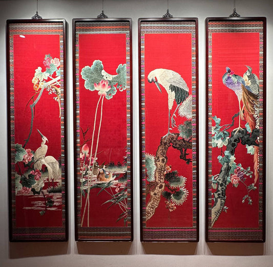19th Century Chinese Silk Embroidery Four-Panel Hanging Screen — Flower & Bird Motif — Monumental Red Textile Wall Art