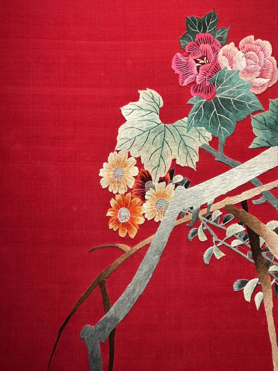 19th Century Chinese Silk Embroidery Four-Panel Hanging Screen — Flower & Bird Motif — Monumental Red Textile Wall Art