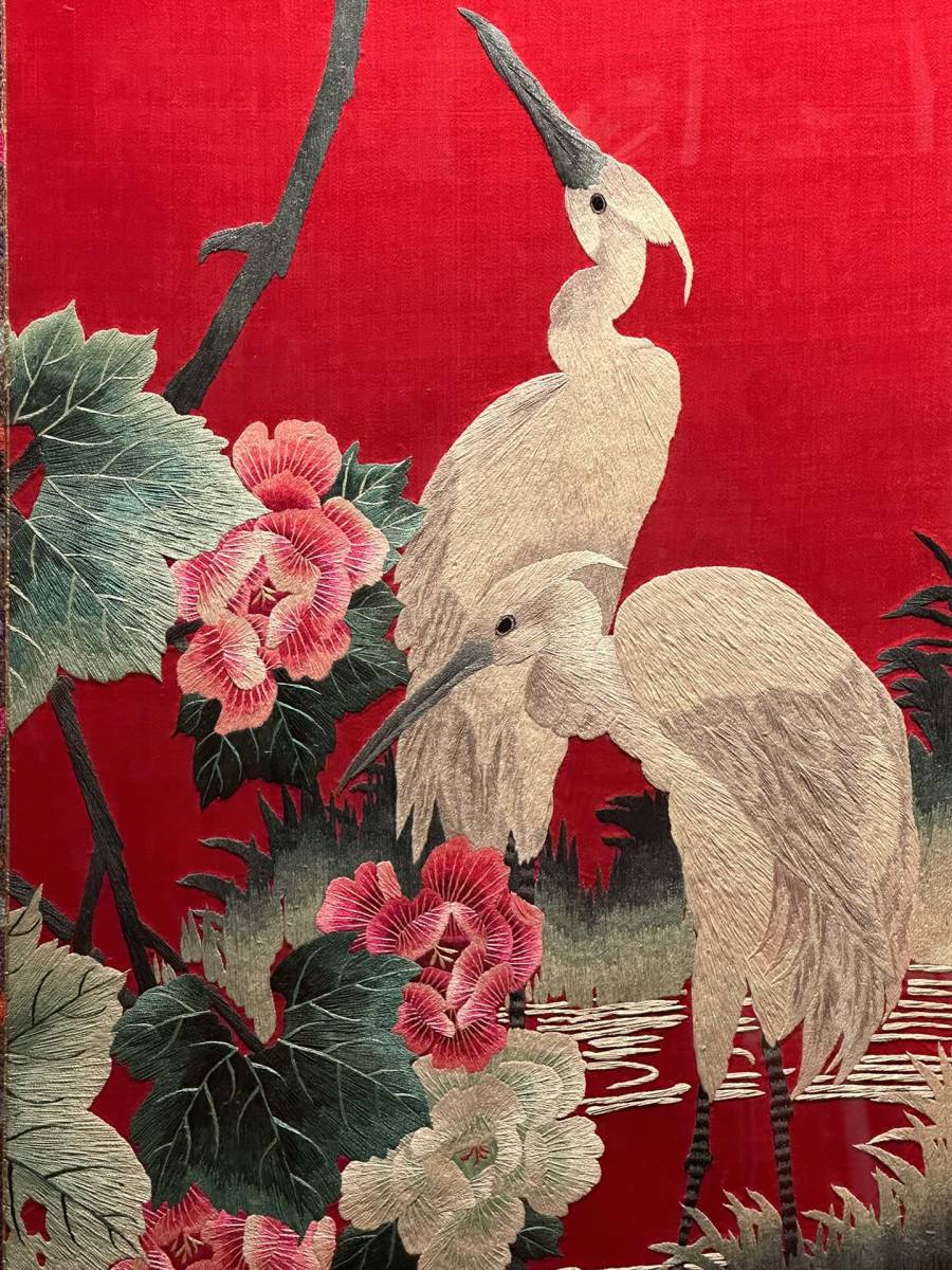 19th Century Chinese Silk Embroidery Four-Panel Hanging Screen — Flower & Bird Motif — Monumental Red Textile Wall Art