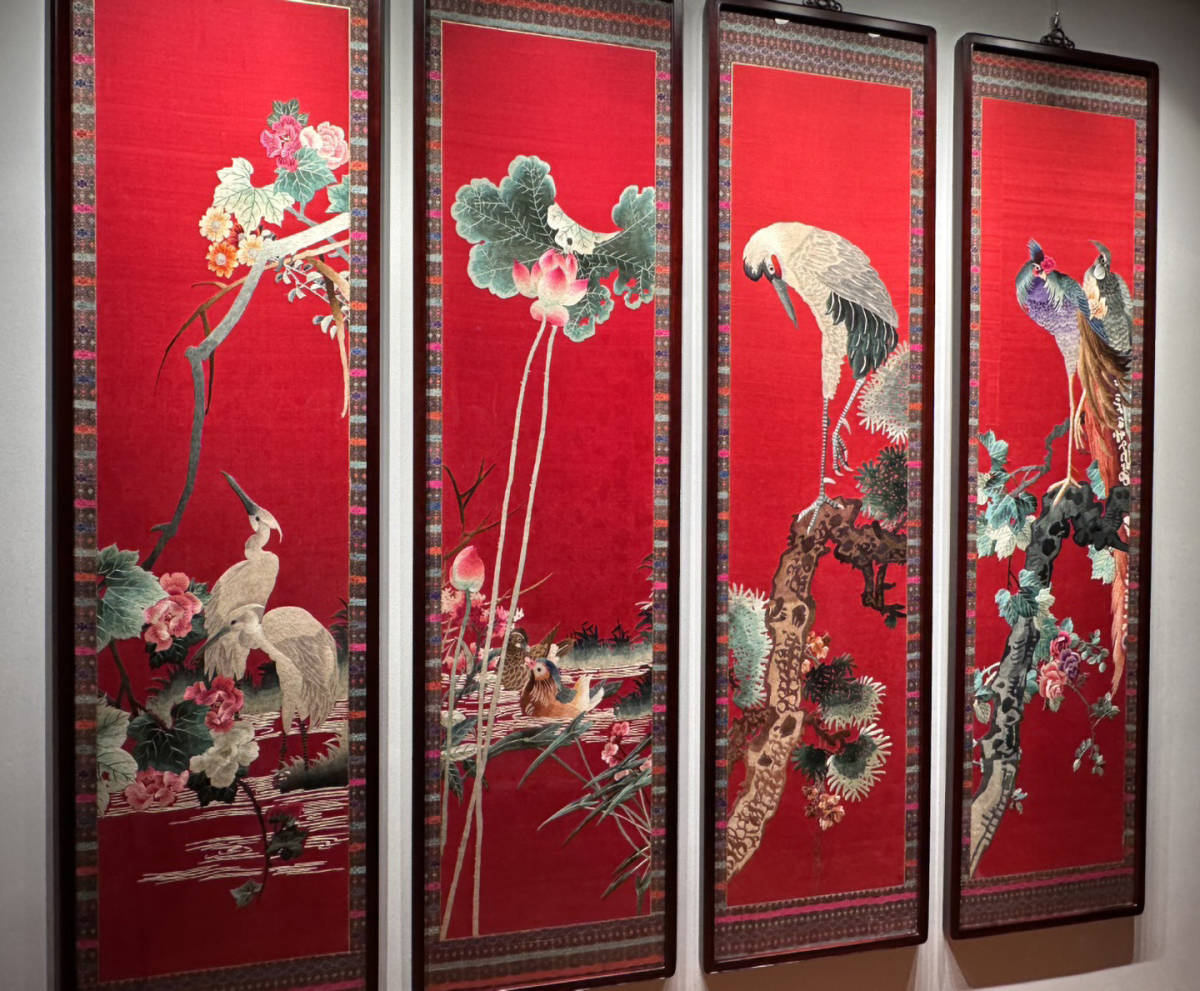 19th Century Chinese Silk Embroidery Four-Panel Hanging Screen — Flower & Bird Motif — Monumental Red Textile Wall Art