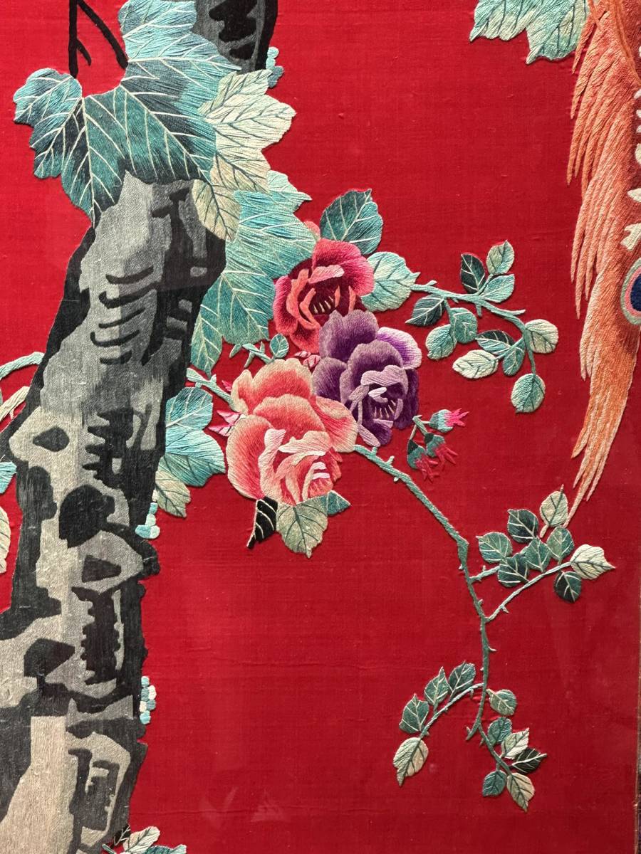 19th Century Chinese Silk Embroidery Four-Panel Hanging Screen — Flower & Bird Motif — Monumental Red Textile Wall Art