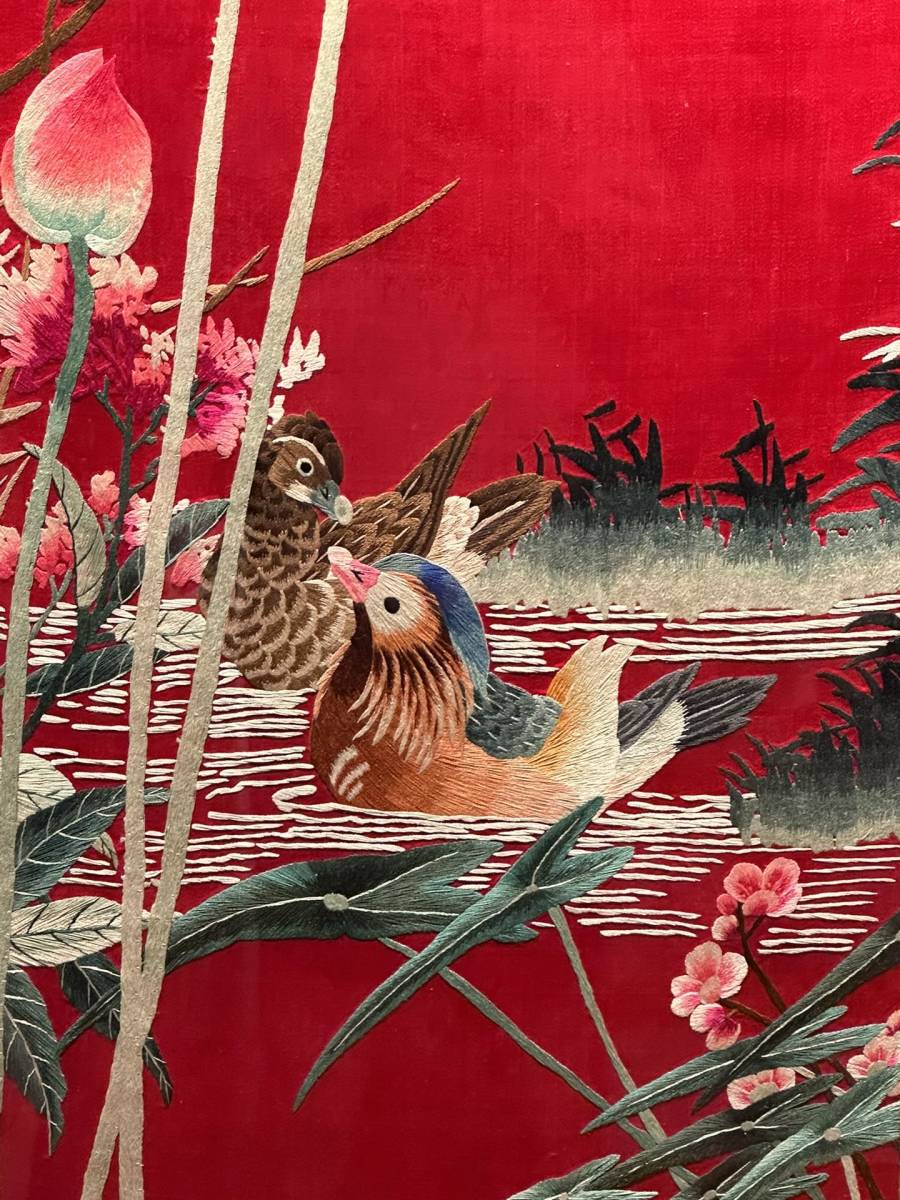 19th Century Chinese Silk Embroidery Four-Panel Hanging Screen — Flower & Bird Motif — Monumental Red Textile Wall Art