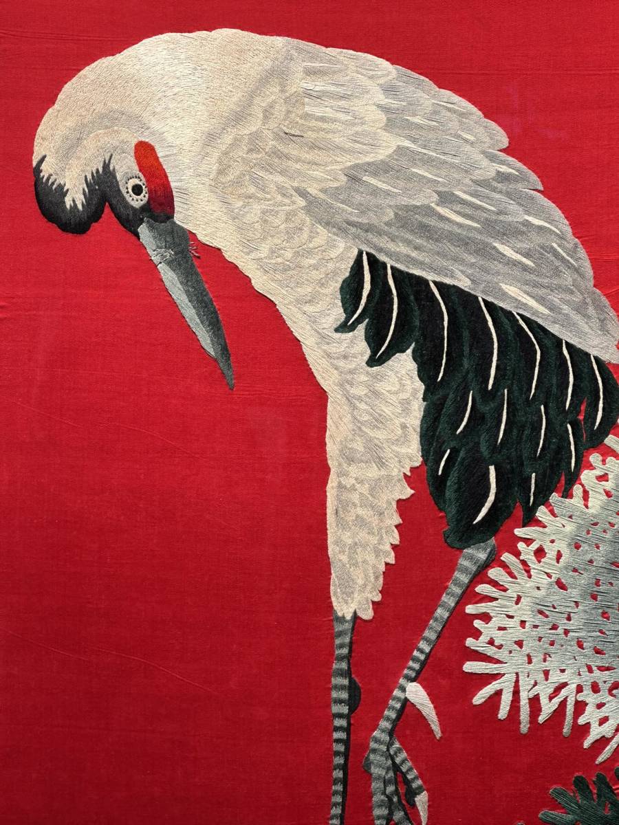 19th Century Chinese Silk Embroidery Four-Panel Hanging Screen — Flower & Bird Motif — Monumental Red Textile Wall Art