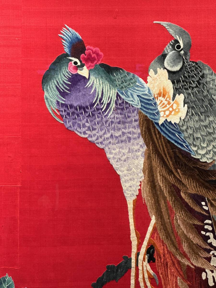 19th Century Chinese Silk Embroidery Four-Panel Hanging Screen — Flower & Bird Motif — Monumental Red Textile Wall Art