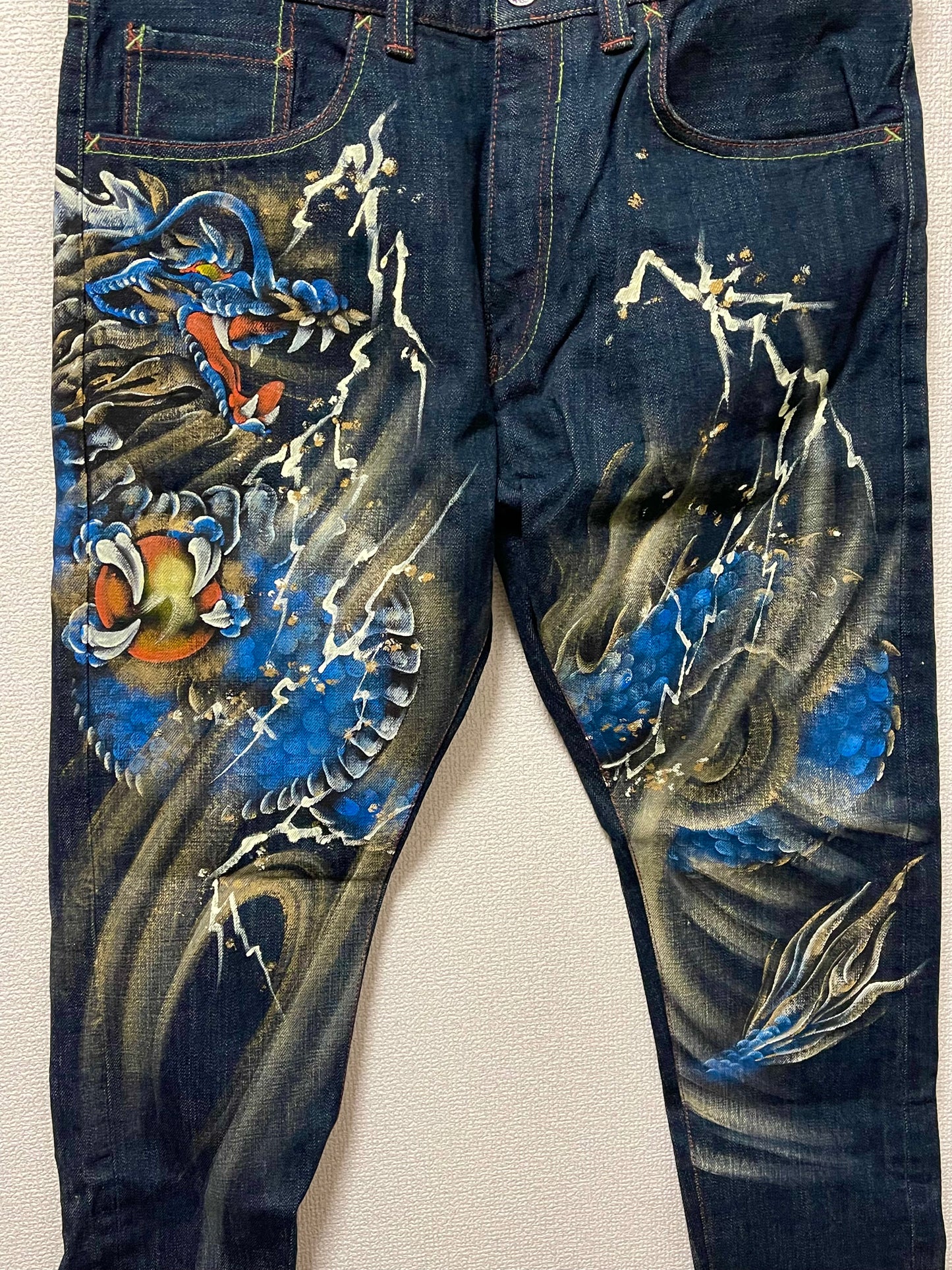 Vintage ZEN Premium Japanese Oni Shishi Hand Painted Art Denim Jeans | Made in Japan | Buddhist Guardian Yokai Streetwear