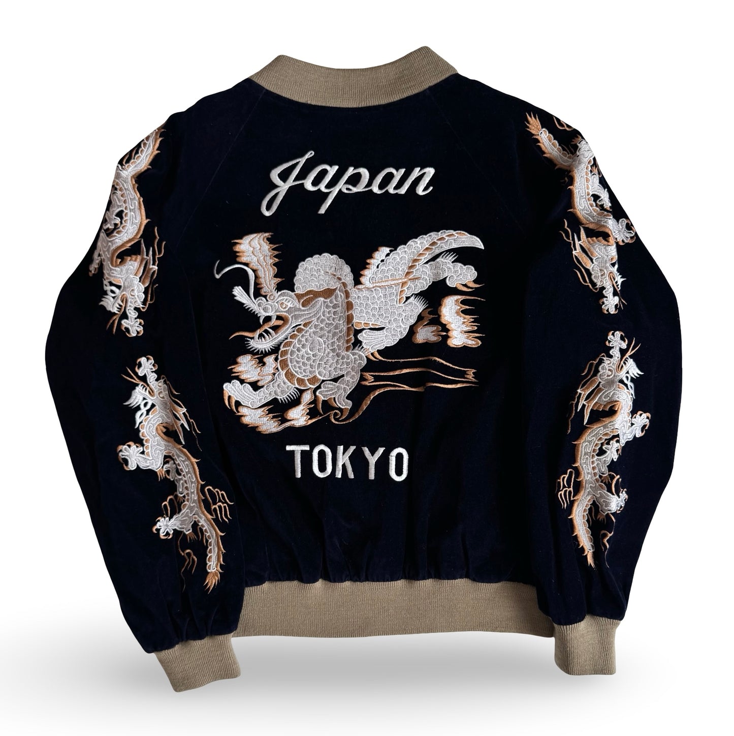 Vintage 1980s Vacation Paradise Dragon Sukajan Jacket Navy Velvet Tokyo Japan Souvenir Bomber