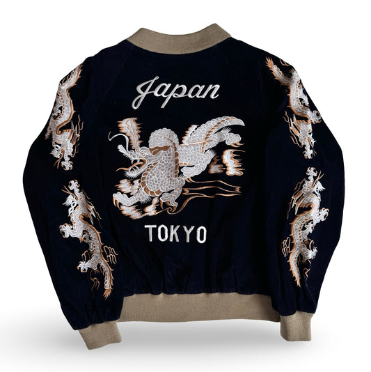 Vintage 1980s Vacation Paradise Dragon Sukajan Jacket Navy Velvet Tokyo Japan Souvenir Bomber