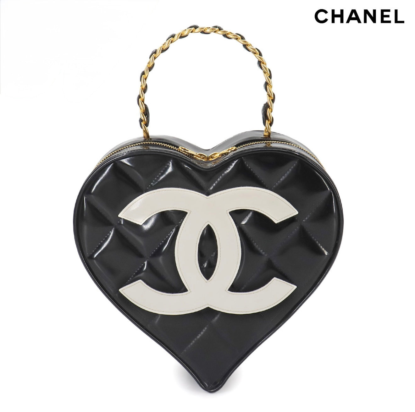 CHANEL Vintage Matelassé Heart Vanity Bag – Black × White Enamel with Gold Hardware – Iconic CC Logo, Rare Collectible 90261096