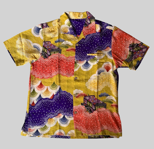 Kimono Remake Silk Aloha Shirt Gosho Guruma Imperial Carriage Shibori Cloud Pattern Handmade Japanese Vintage Textile L
