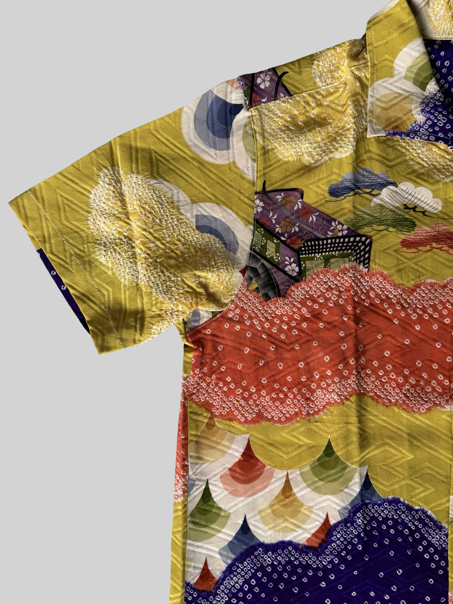 Kimono Remake Silk Aloha Shirt Gosho Guruma Imperial Carriage Shibori Cloud Pattern Handmade Japanese Vintage Textile L