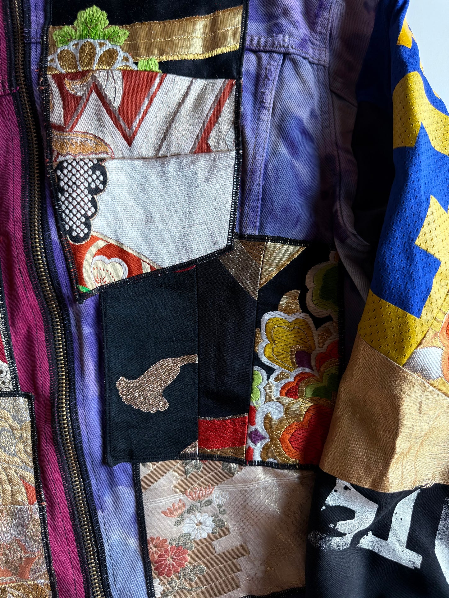 COTÉ MER Kimono Obi Patchwork Denim Remake Upcycled Jacket L XL Japanese One of One Harajuku Streetwear Wearable Art