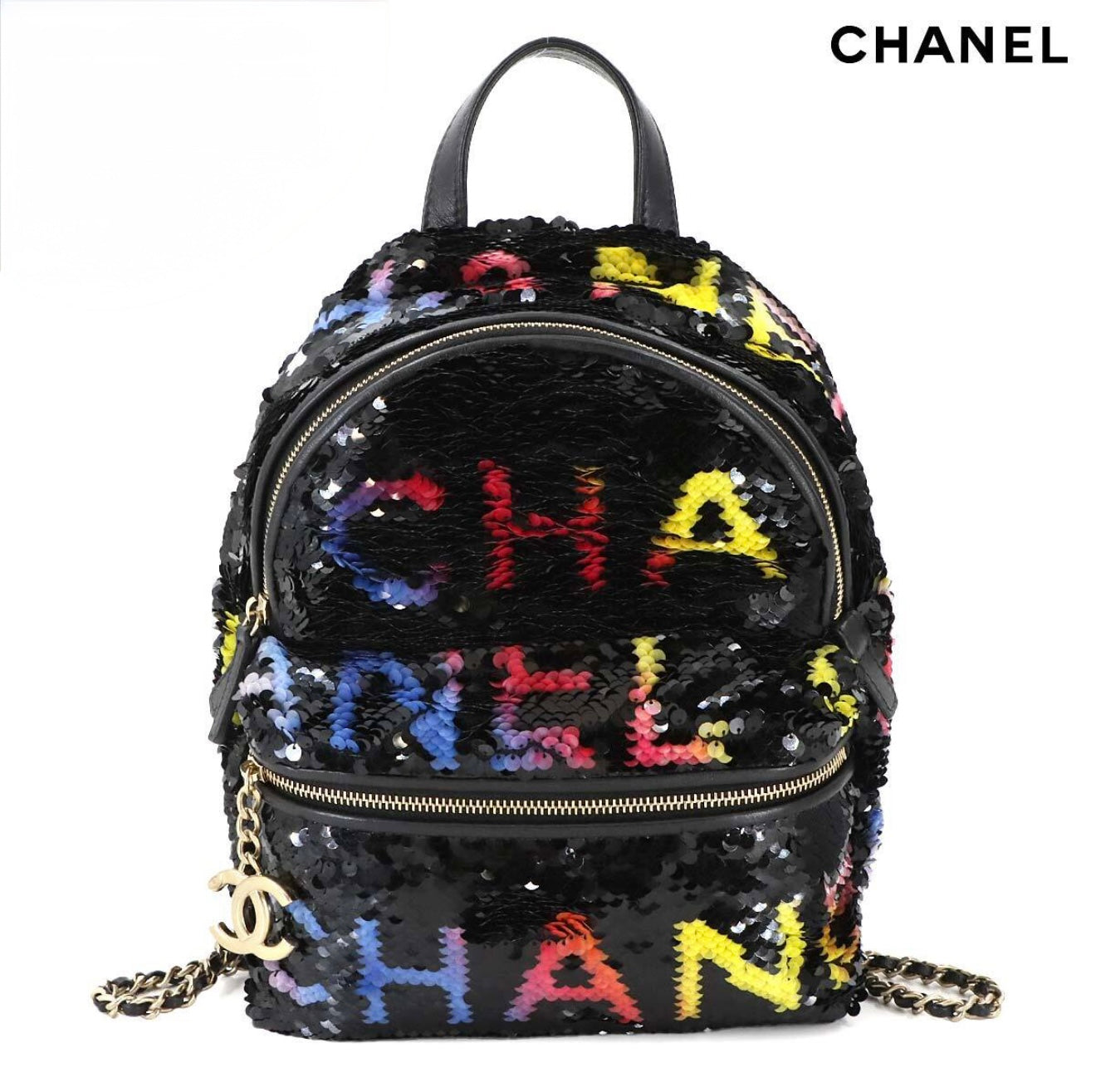 CHANEL Sequin Chain Backpack Black Multicolor Graffiti Logo Lambskin Gold Hardware C3— Exhibition Unused