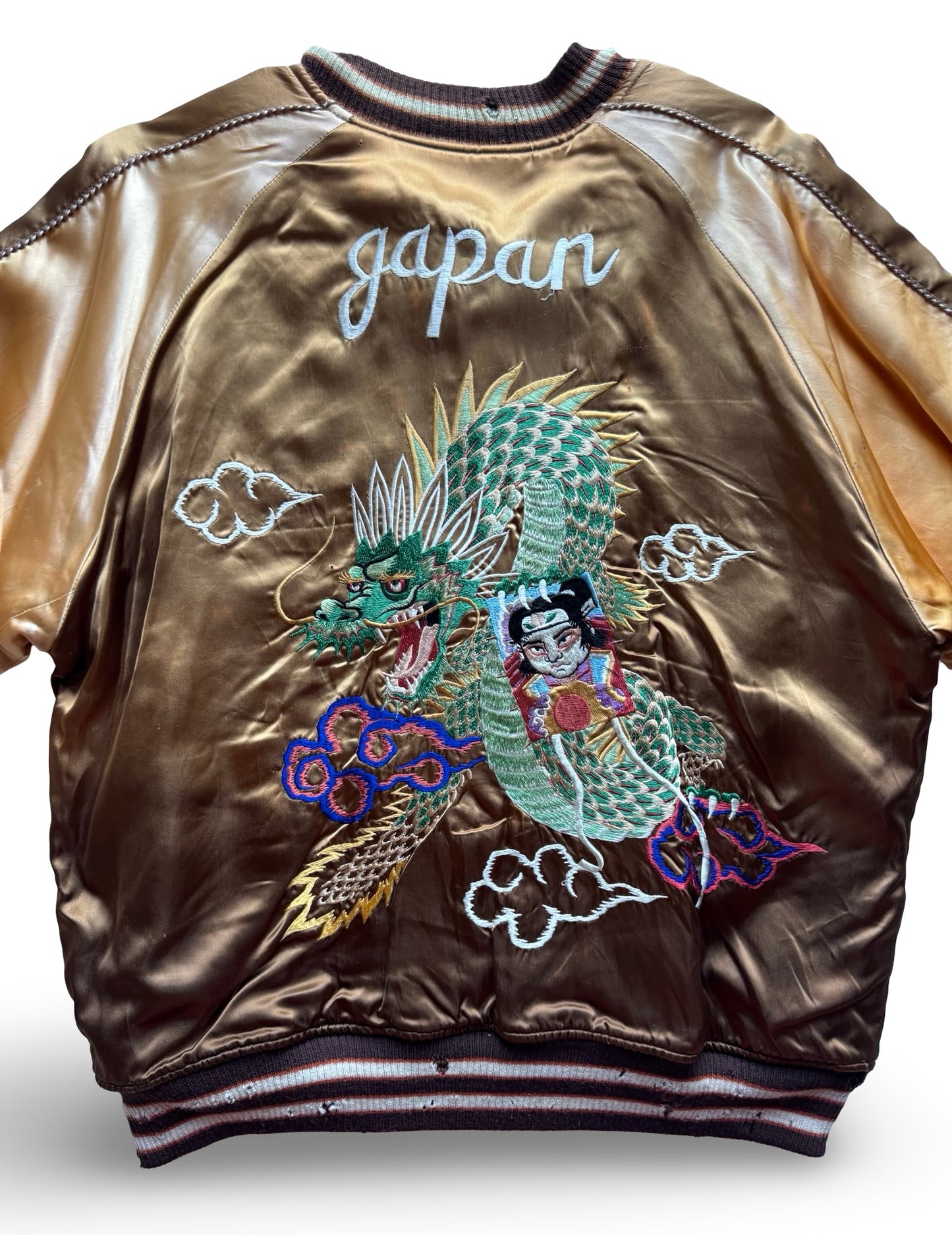 Vintage Pherrow’s Reversible Sukajan Dragon Warrior Skeleton Dance Japan Souvenir Jacket, Gold Brown Embroidered Bomber