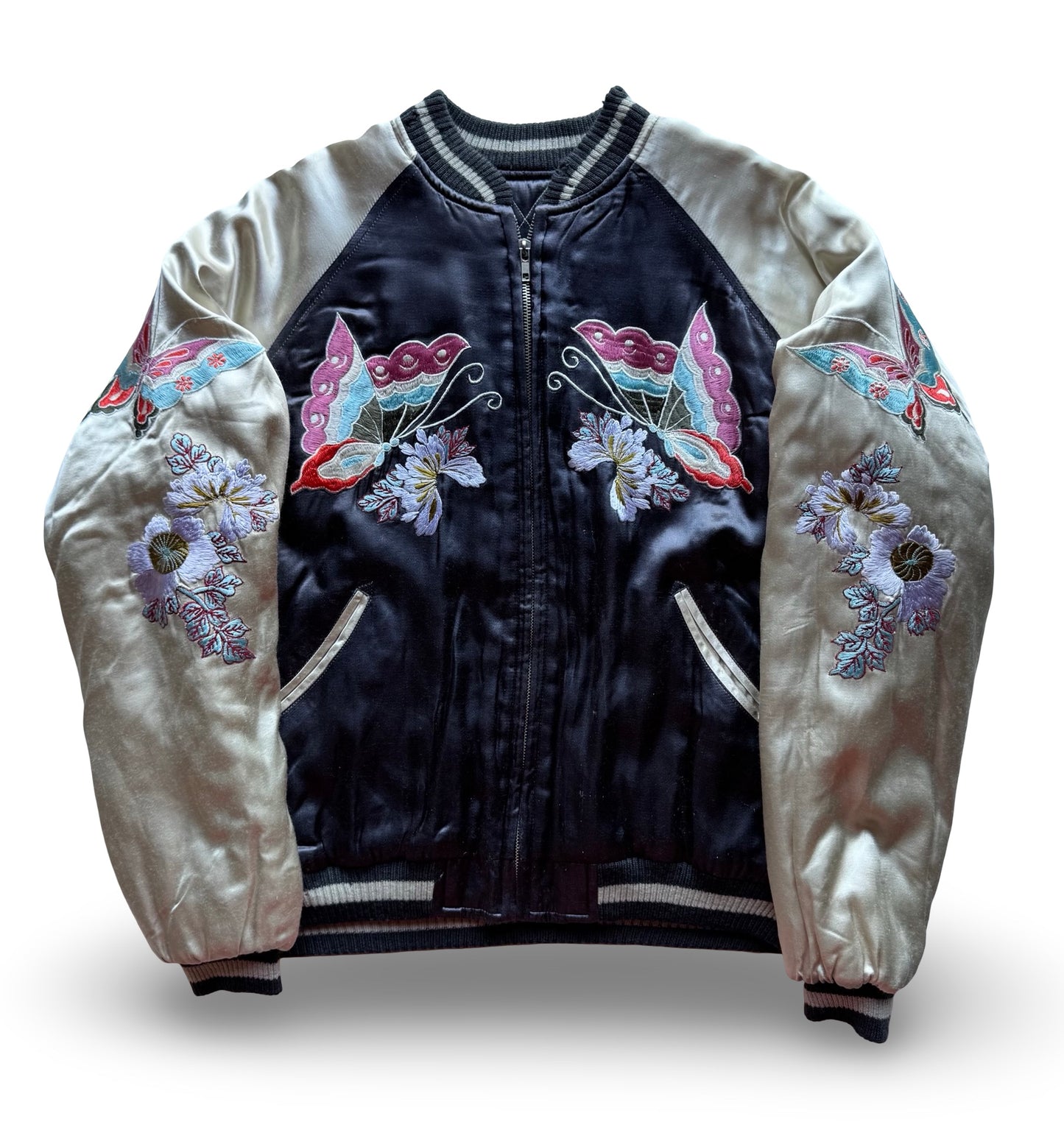 Reversible Japanese Sukajan Jacket – Butterfly & Floral Embroidery / Crane & Pine Quilted Design – Vintage Yokosuka Souvenir Jacket