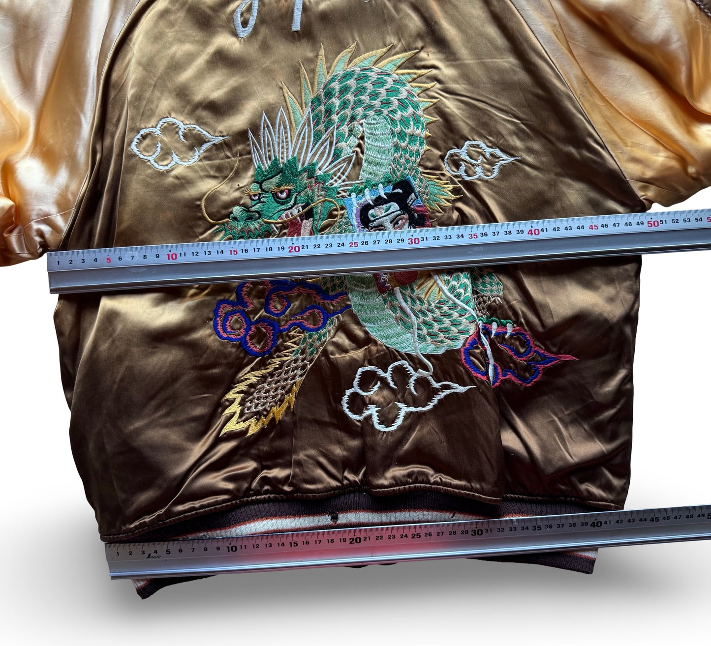 Vintage Pherrow’s Reversible Sukajan Dragon Warrior Skeleton Dance Japan Souvenir Jacket, Gold Brown Embroidered Bomber