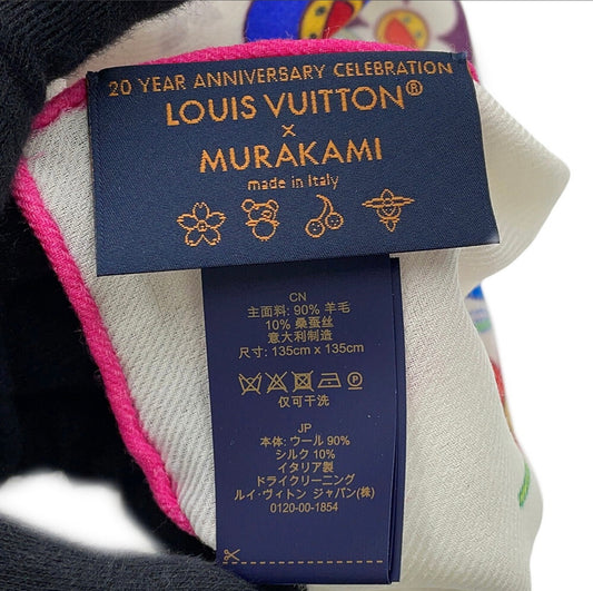Louis Vuitton × Takashi Murakami Superflat Shawl M96080 White 20th Anniversary Monogram Multicolor Scarf LV TM Rare Collectible