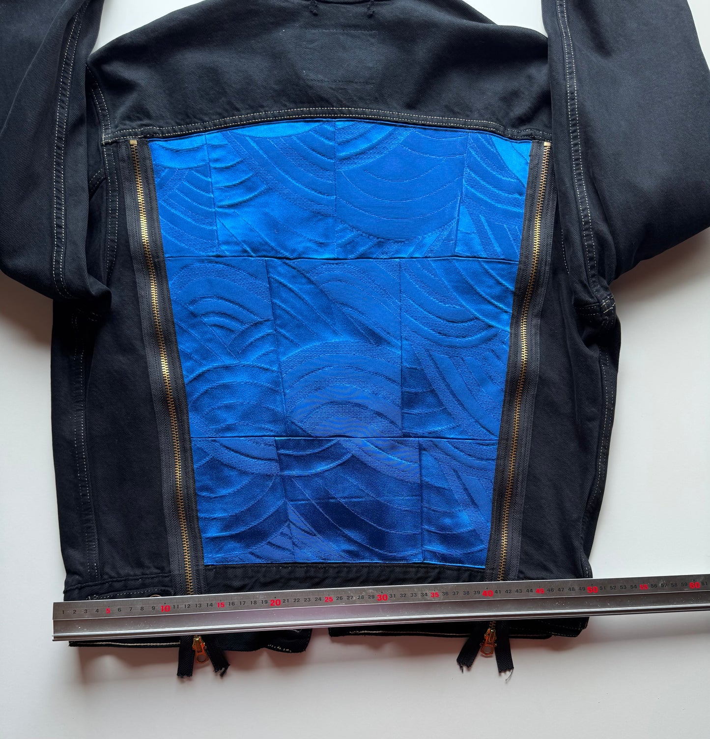 Vintage Levi's Black Denim Jacket with Indigo Seigaiha Silk Panel | Japanese Kimono Remake | One of a Kind Wearable Art | M-L