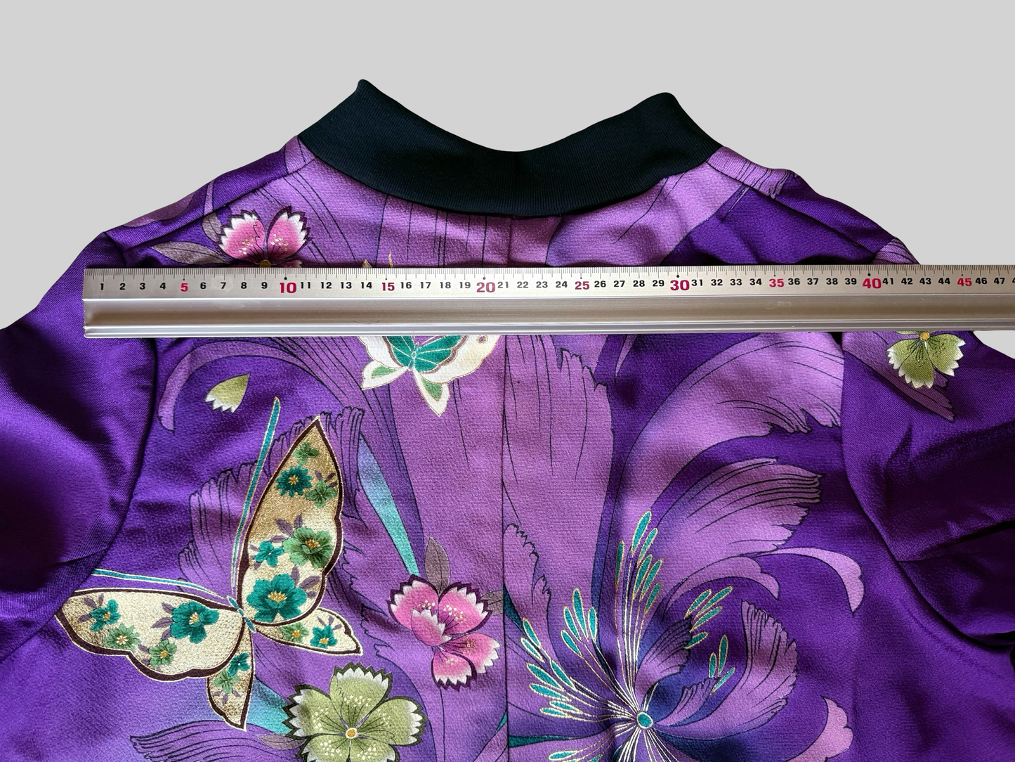 Kimono Remake Silk Bomber Jacket Purple Floral Butterfly Sukajan Japanese Upcycled Textile Art Piece