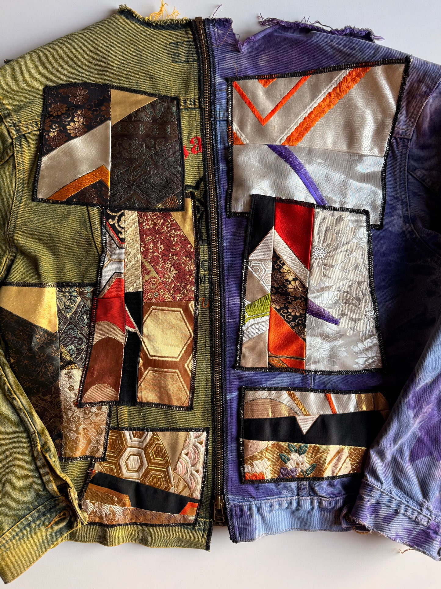 COTÉ MER Kimono Obi Patchwork Denim Remake Jacket L XL Japanese One of One Harajuku Streetwear Wearable Art