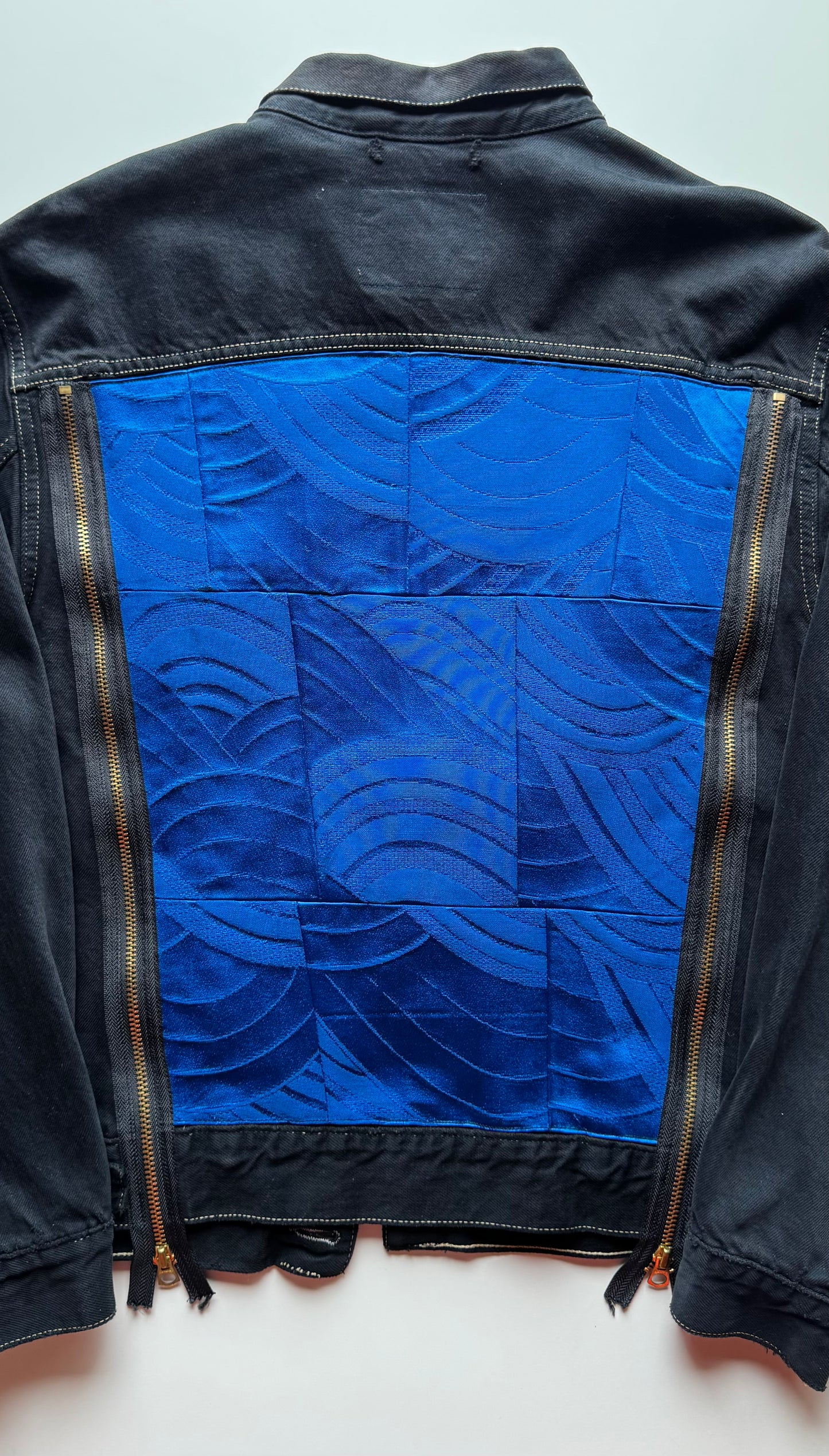 Vintage Levi's Black Denim Jacket with Indigo Seigaiha Silk Panel | Japanese Kimono Remake | One of a Kind Wearable Art | M-L